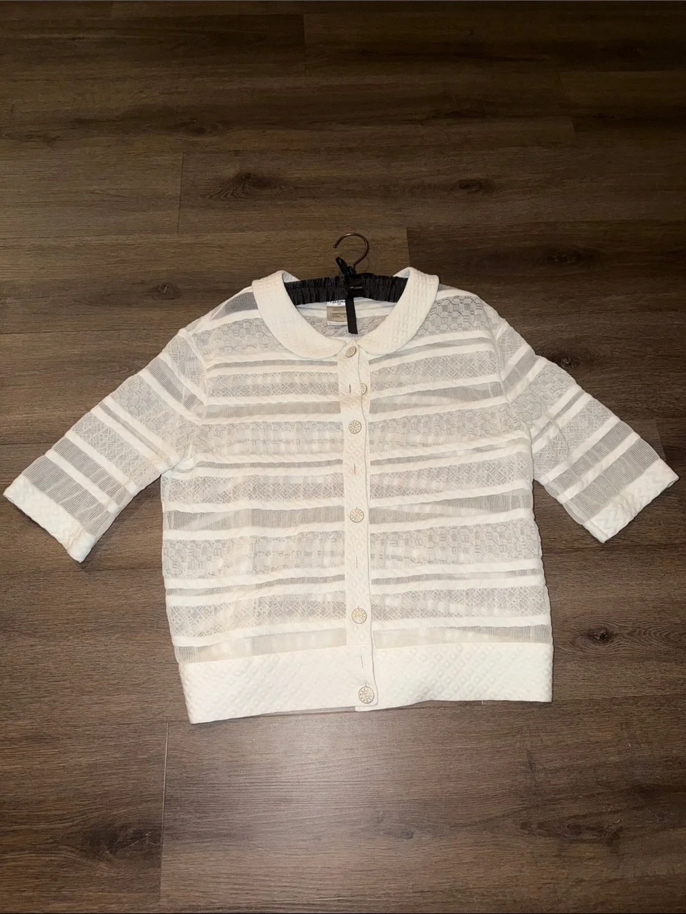 CHANEL Cream Sheer Stripe Short Sleeve Cardigan with Round Collar